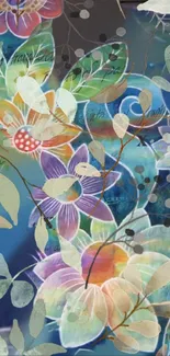 Vibrant floral wallpaper with colorful flowers and leaves on blue background.