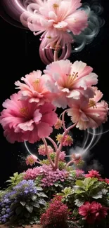 Vibrant pink flowers in a fantasy design on a dark background.