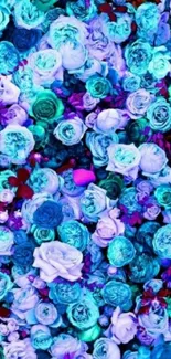 Vibrant turquoise and blue floral wallpaper with roses.