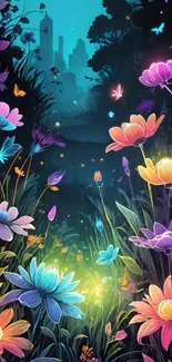 Vibrant floral fantasy mobile phone wallpaper with colorful flowers and mystical lighting.