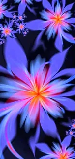 Vibrant abstract flowers with purple petals on a dark background.