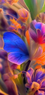 Vibrant floral fantasy wallpaper with vivid blue and orange flowers.