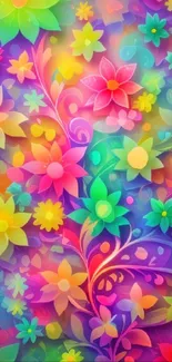 Bright and colorful floral wallpaper with vibrant flower patterns.