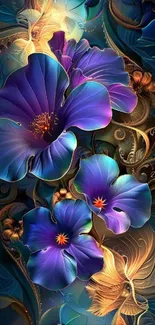 Vibrant floral fantasy wallpaper featuring purple and blue flowers with abstract details.