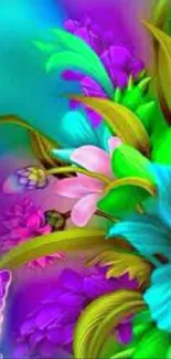 Vibrant and colorful abstract floral wallpaper with diverse blooms.