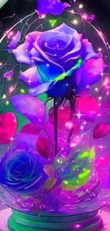 Mobile wallpaper featuring neon roses in vibrant colors with a magical fantasy theme.