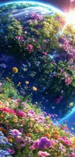 A dazzling globe wrapped in vibrant, colorful flowers under a glowing cosmic sky.
