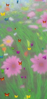 Vibrant floral field with pink flowers and green grass.