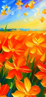 Vibrant orange and yellow floral field with a bright, colorful sky background.