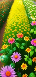 Vibrant field of colorful flowers with lush greenery.