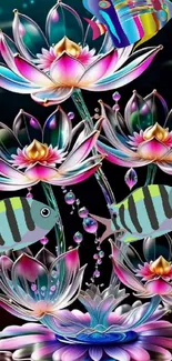 Colorful fish swimming among lotus flowers in fantasy wallpaper.