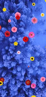 Colorful flowers over a blue forest background.