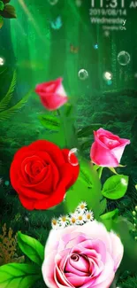 Vibrant forest with roses and greenery wallpaper.