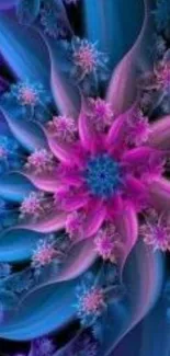 Vibrant floral fractal wallpaper in purple and blue tones, perfect for mobile screens.