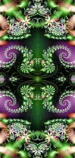 Vibrant floral fractal wallpaper in green and purple hues with intricate designs.