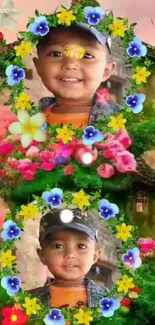 Wallpaper featuring a child surrounded by vibrant floral frames.