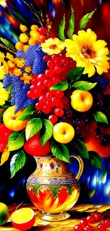 Vibrant wallpaper with flowers and fruits in a decorative vase.