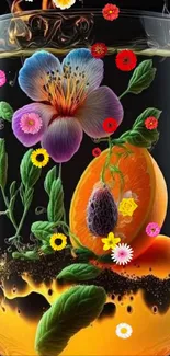 Vibrant floral and fruit mobile wallpaper.