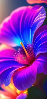 Mobile wallpaper of vivid purple and blue flowers with a warm glow.