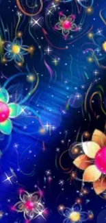 Vibrant neon flowers on a dark galaxy-themed background.