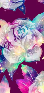 Vibrant floral galaxy wallpaper with glowing roses and colorful leaves.