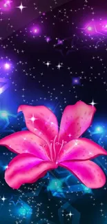 Vibrant pink flower with galaxy background.