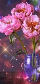 Pink peonies in a vase against a colorful galaxy background.