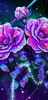 Vibrant purple galaxy floral wallpaper with neon accents.