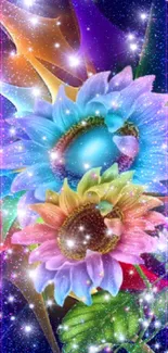 Vibrant, colorful floral galaxy wallpaper with sparkling stars.