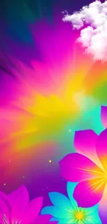 Vibrant floral galaxy wallpaper with neon colors and glowing flowers.