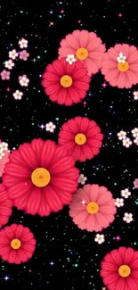 Pink floral galaxy wallpaper with stars.