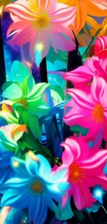 Brightly colored flowers with galaxy background.