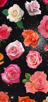 Vibrant roses on a starry black background creating a cosmic floral wallpaper.