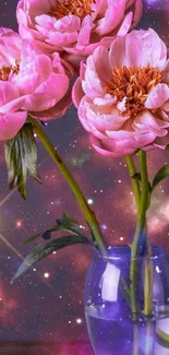 Pink peonies in a cosmic starry background vase.