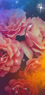 A vibrant floral wallpaper with cosmic elements and peach roses.