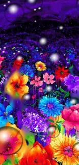 Vibrant neon floral galaxy wallpaper with cosmic elements.