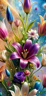 Vibrant flowers against a cosmic background.