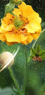 Yellow flower with planet and greenery on wallpaper.