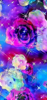 Vibrant floral galaxy wallpaper with colorful roses and stars.