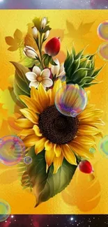 Colorful sunflower and bubbles on a cosmic galaxy background wallpaper.