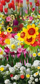 Vibrant floral garden wallpaper with colorful flowers and lush greenery.