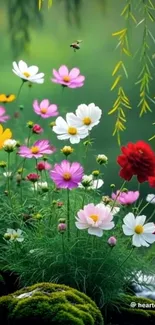 Vibrant mix of colorful garden flowers in bloom with green background.