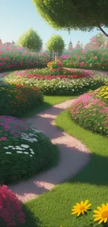 Floral garden path with vibrant flowers and lush greenery.