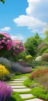 Vibrant garden path with colorful flowers under a bright sky.
