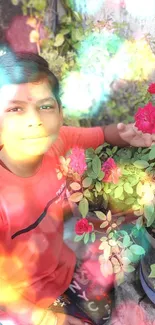 Child in red shirt with vibrant flowers and greenery.