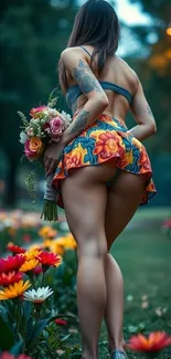 Person walking through a floral garden holding flowers.