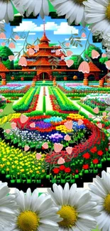 Colorful garden wallpaper with vibrant flowers and intricate design.