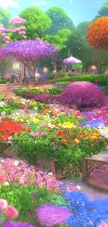 Vibrant garden with colorful flowers and lush greenery, perfect for a serene setting.