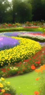 Vibrant garden full of blooming flowers in multiple colors forming a captivating pattern.