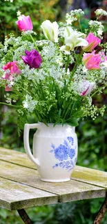 Vibrant flowers in a rustic vase in a lush garden setting.